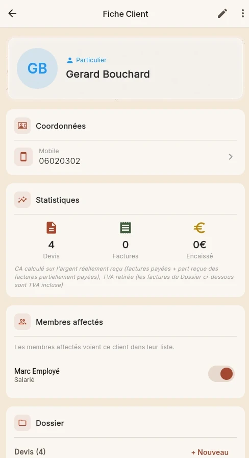 capture d'écran la gestion fichier du client